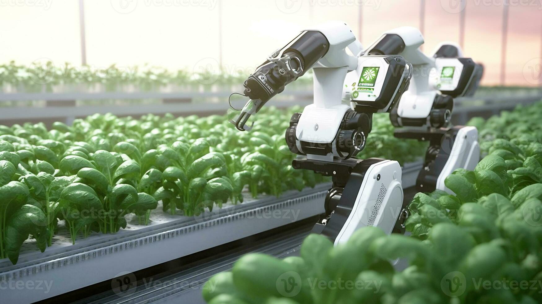 Smart Robotic Farmers Revolutionizing Agriculture. created with Generative AI photo