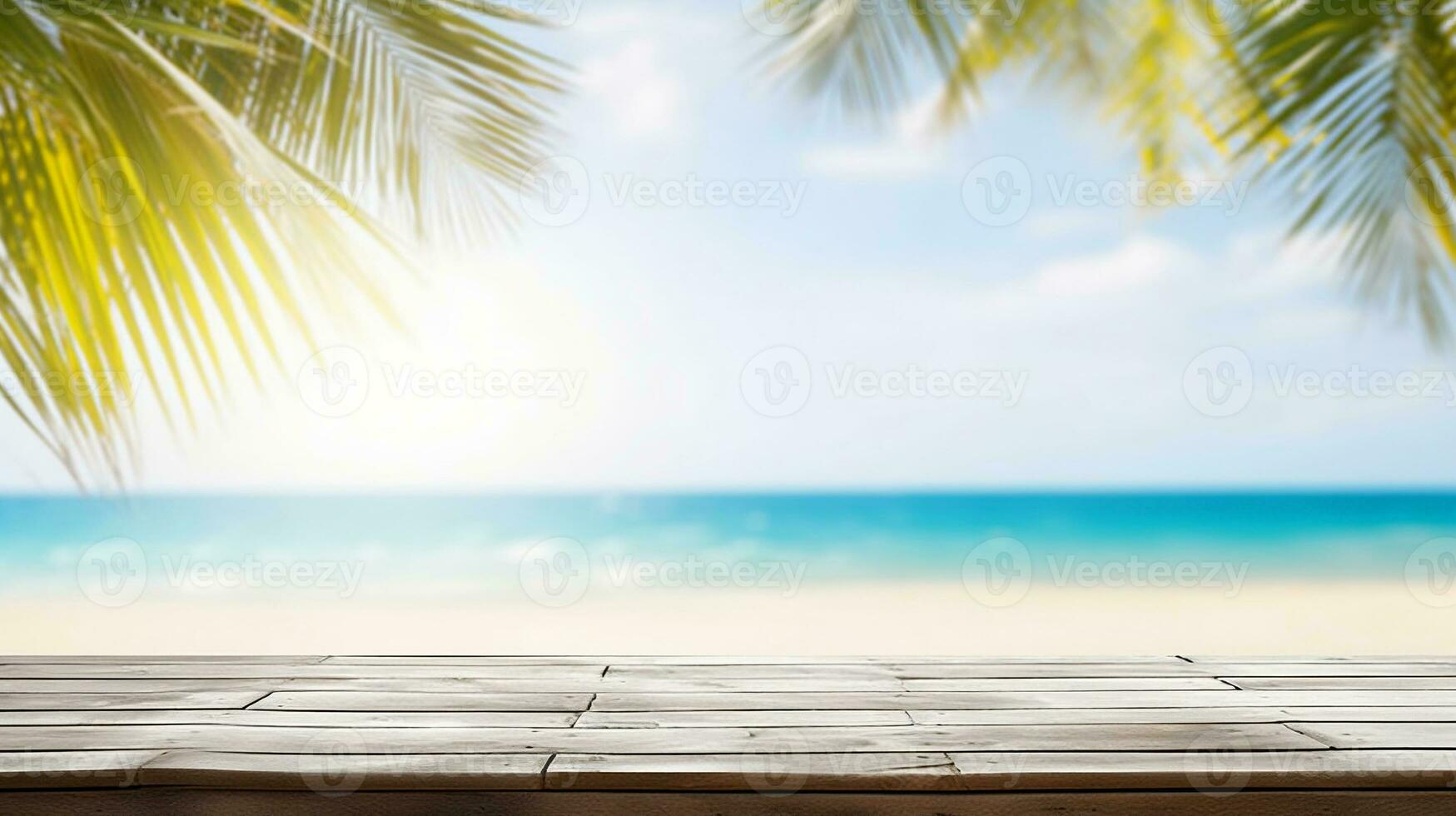 Tropical Beach Wood Table Top with Sea scape and Palm Leaves. created with Generative AI photo