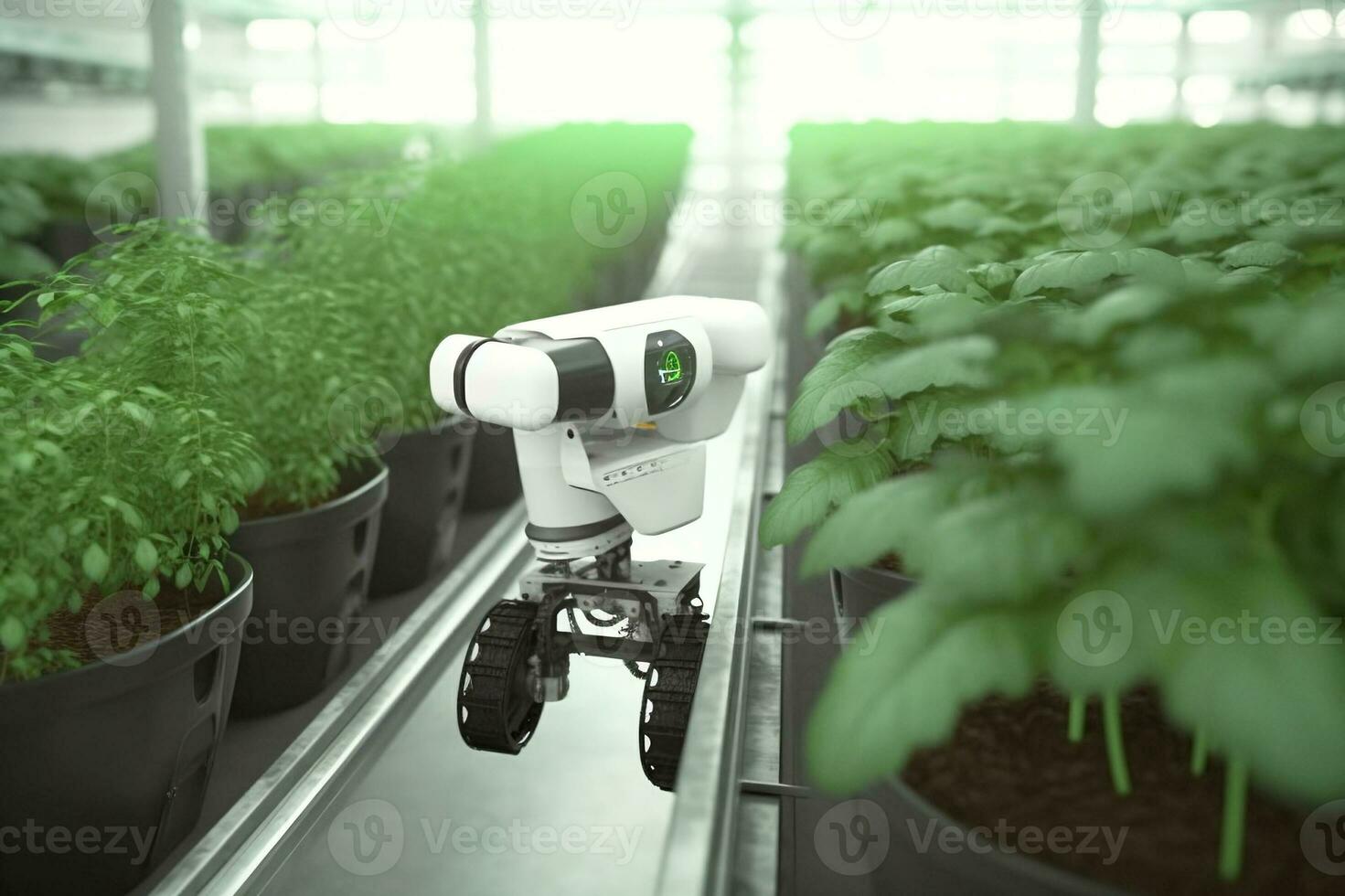 Smart Robotic Farmers Revolutionizing Agriculture. created with Generative AI photo