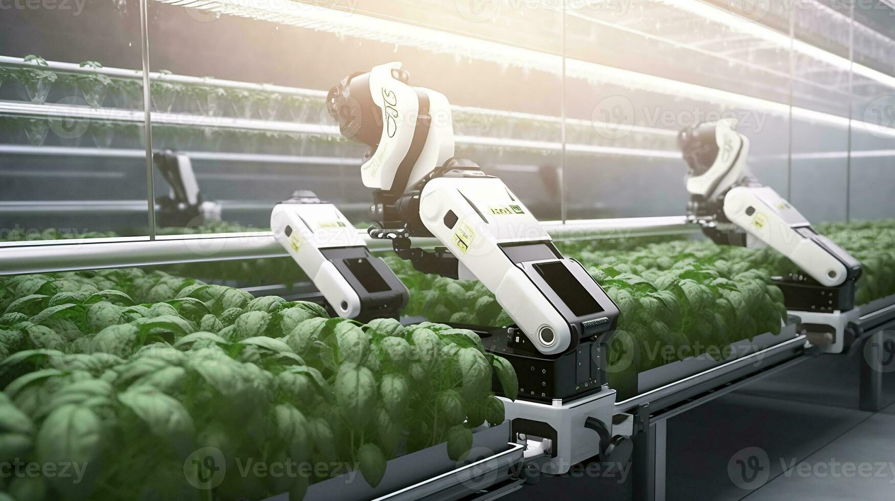 Smart Robotic Farmers Revolutionizing Agriculture. created with Generative AI photo