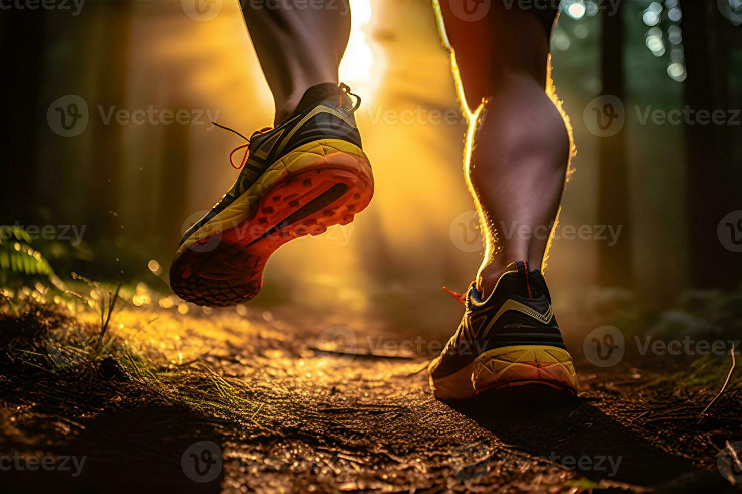 Morning Trail Run Close-up of male Runner's Legs and Shoes with Abstract Bokeh Lightcreated. Generative AI photo