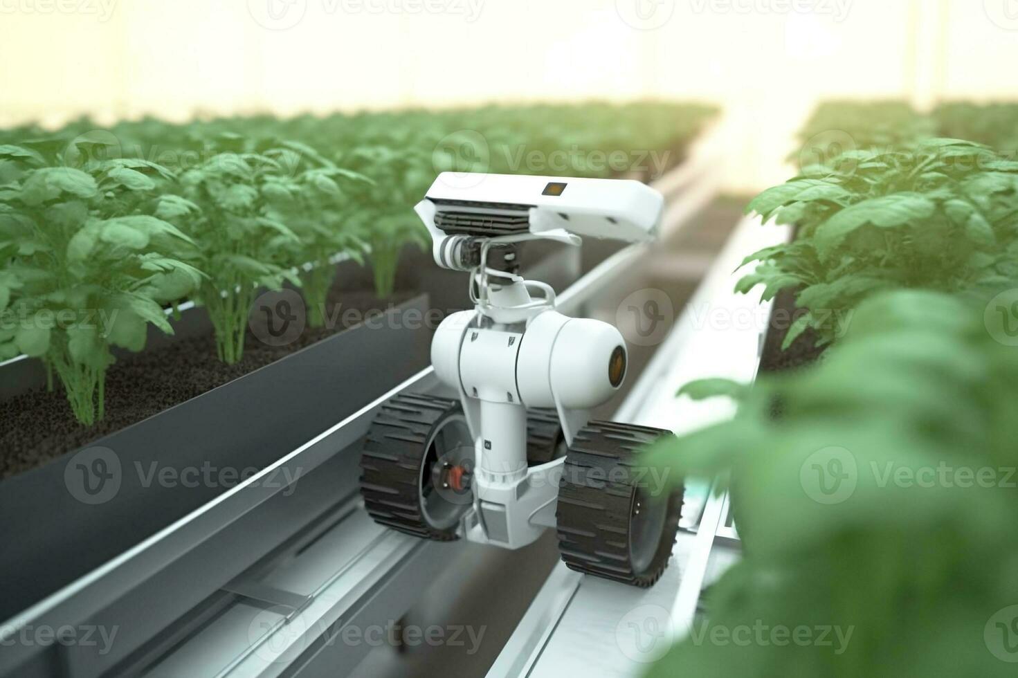Smart Robotic Farmers Revolutionizing Agriculture. created with Generative AI photo