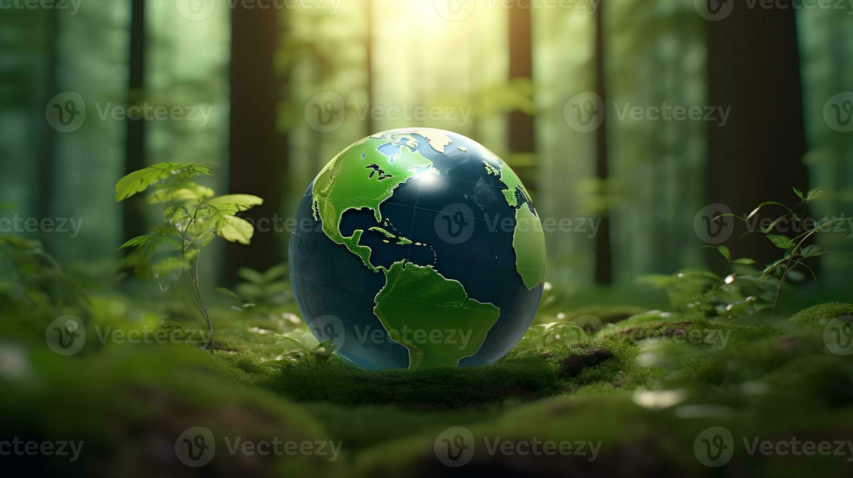 Nature Conservation and Global Sustainability The Green Globe in the Forest. Generative AI photo