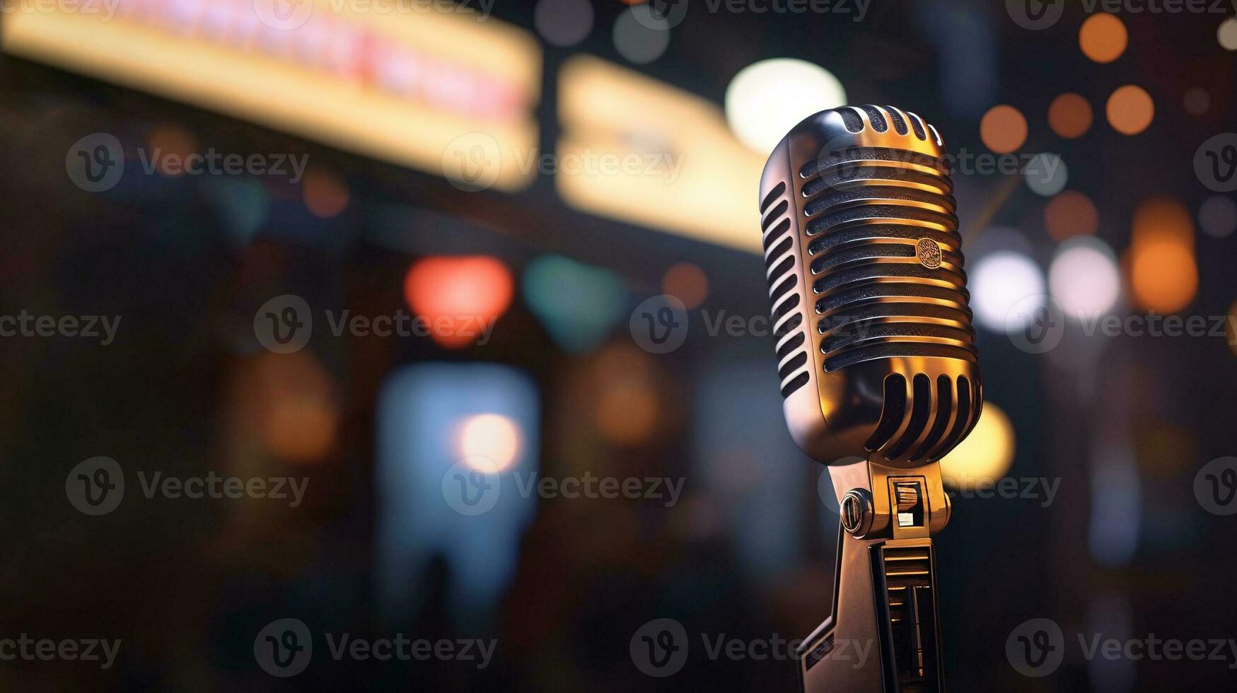 Vintage Microphone on Stage with Bokeh Lights Background. created with Generative AI photo