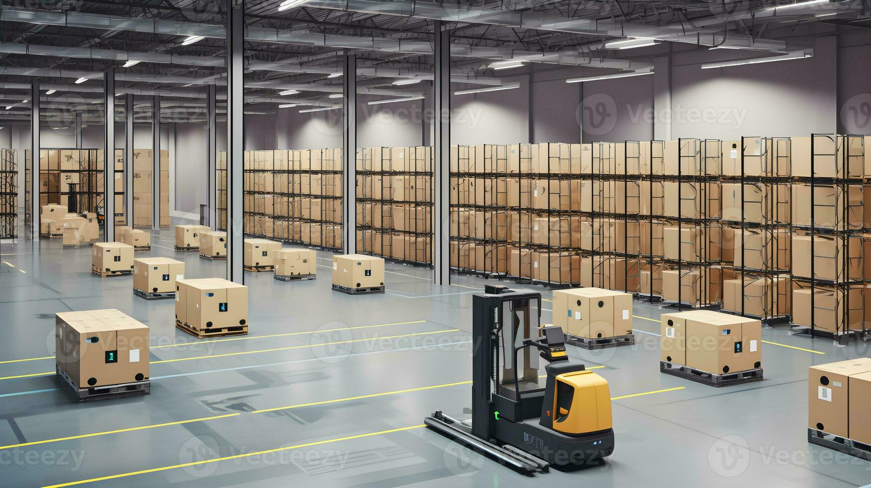 Robot Forklift Sorts Hundreds of Parcels in Warehouse. Generative AI photo
