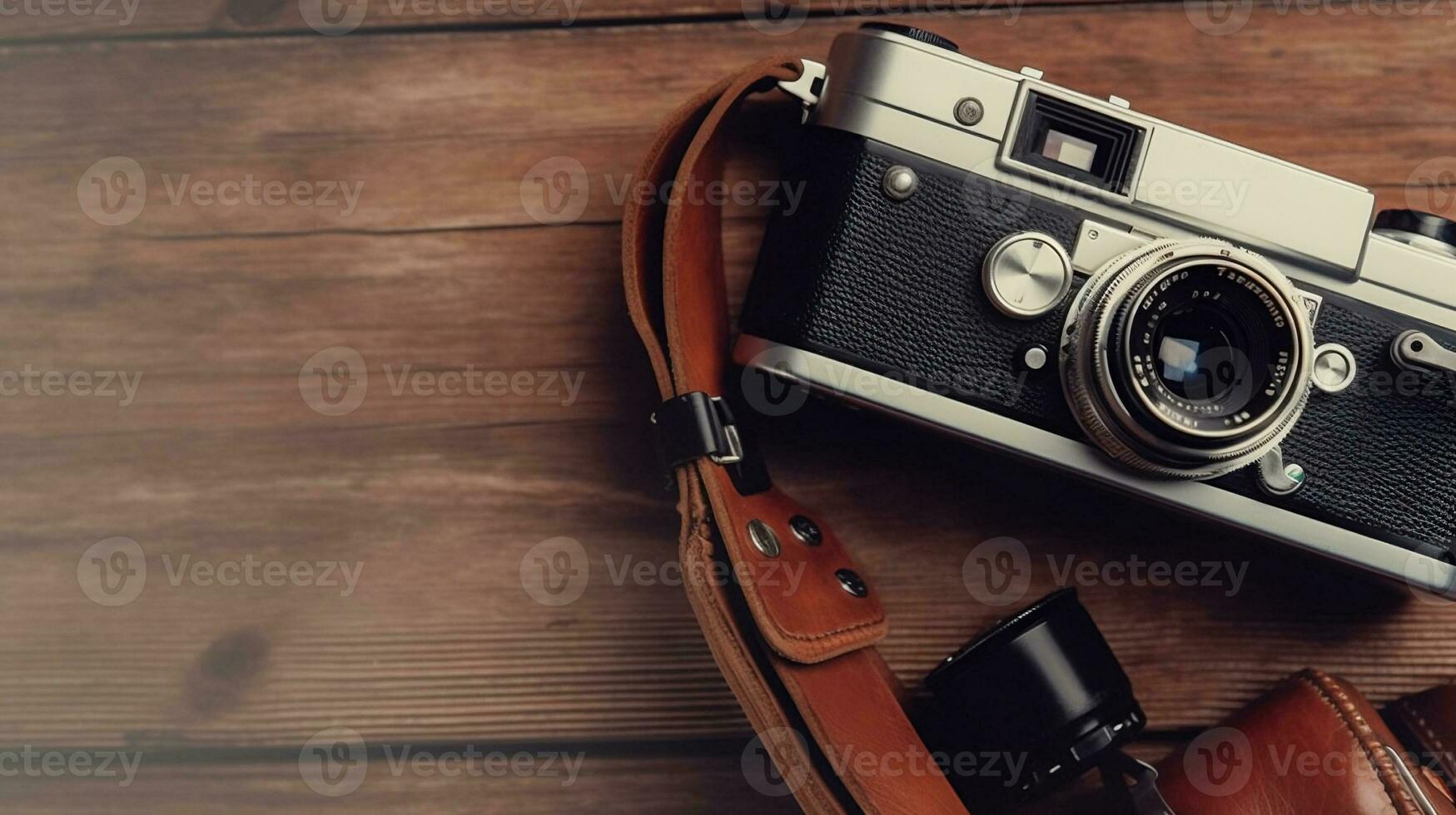 Vintage Film Camera with Case. created with Generative AI photo