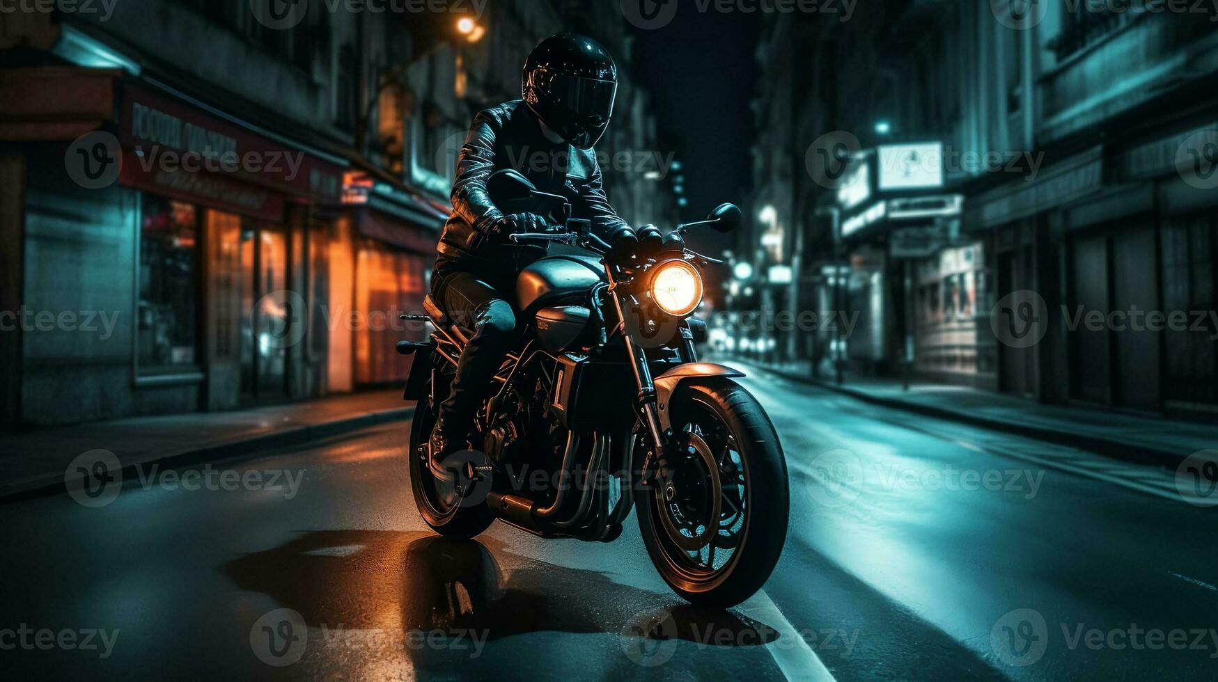 High-speed motorcycle rider racing through a beautiful city at night. created with Generative AI photo