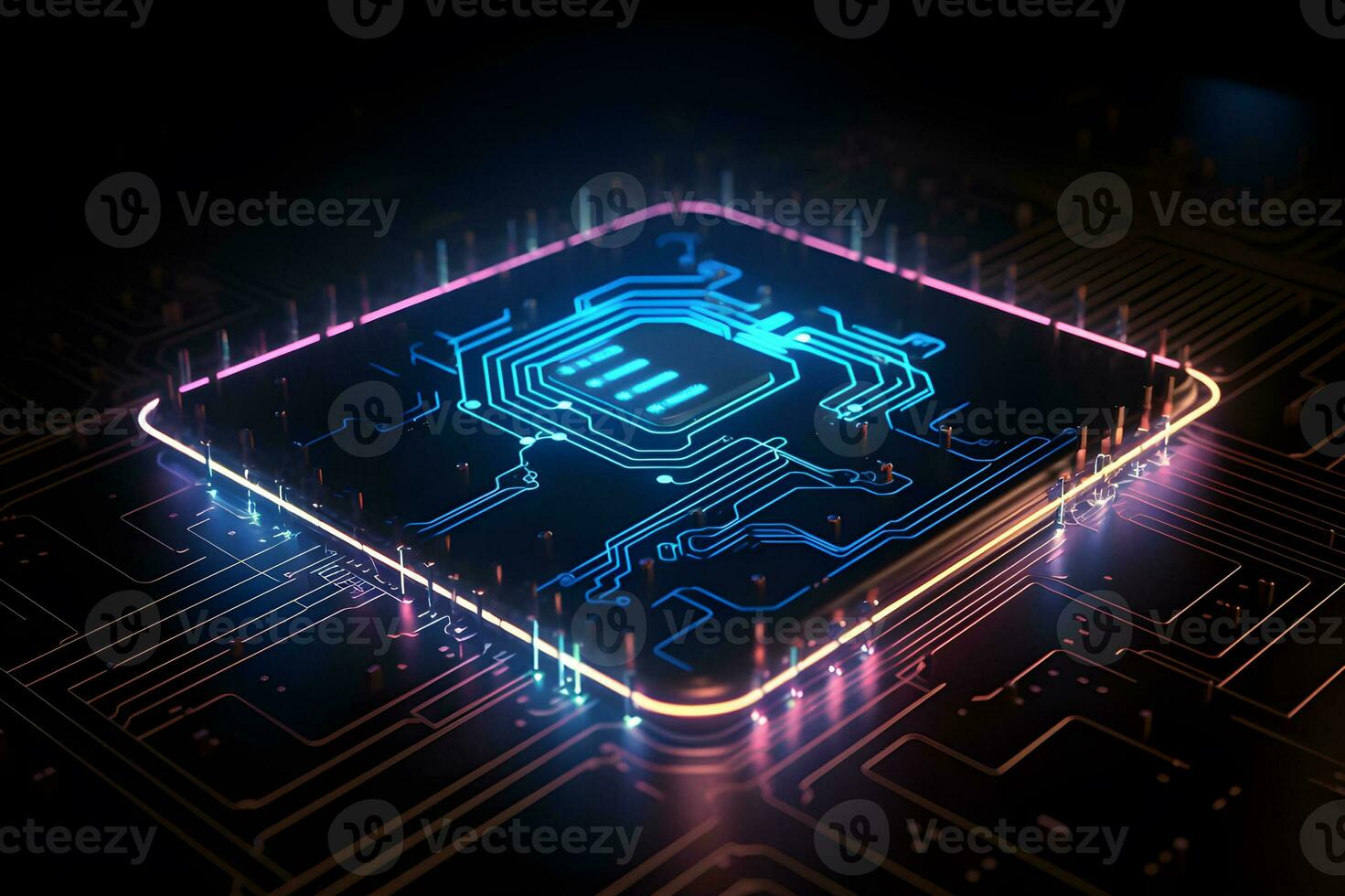 Generative AI. Futuristic Neon Microchip Circuit Board 3D Rendering photo