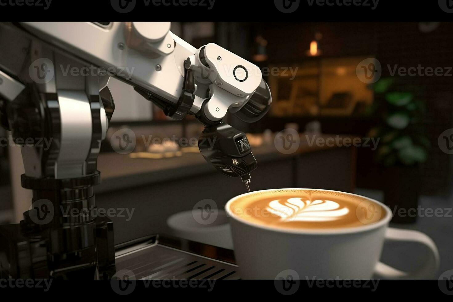 Robot arm serving hot coffee in a coffee shop. created with Generative AI photo