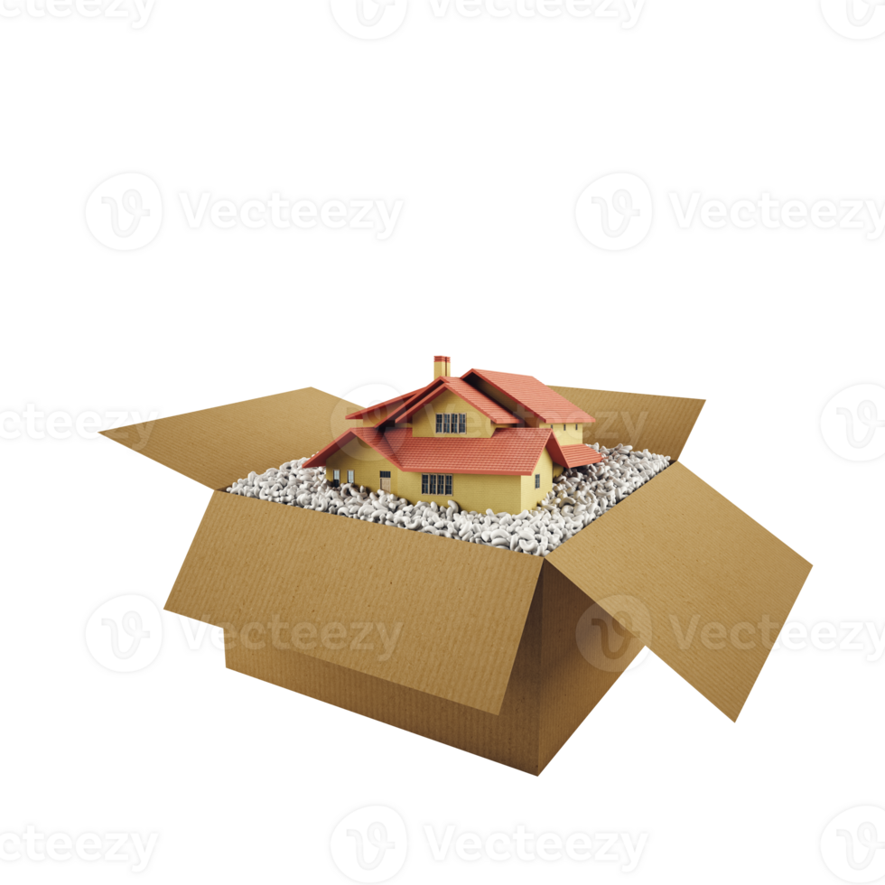 Real estate concept with an house in a cardboard box. 3d rendering png