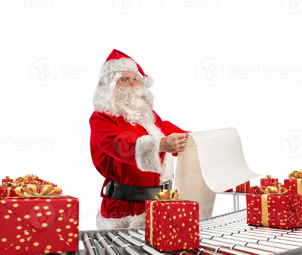 3d rendering  santa claus checking on list xmas gift boxes and wrapped on conveyor roller png