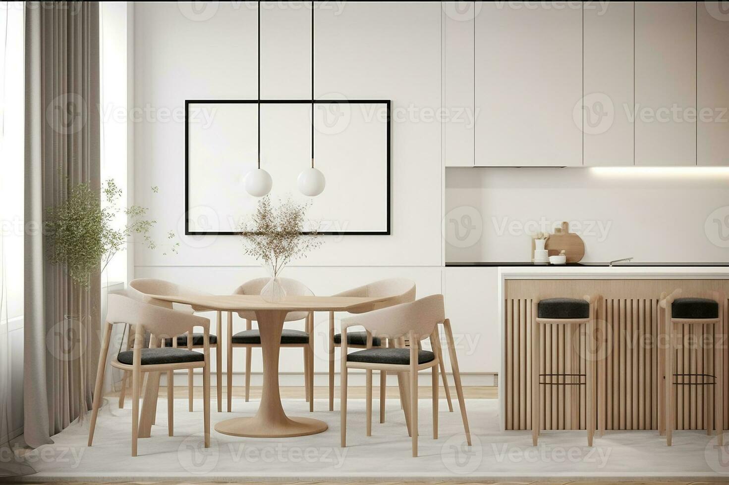 Mockup poster frame in a luxurious living space with kitchen and dining room. created with Generative AI photo