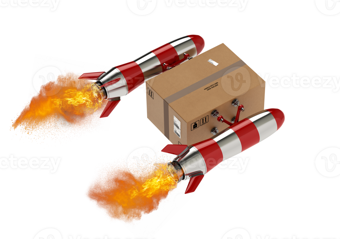Fast delivery of a package by fast turbo rocket. 3d rendering png