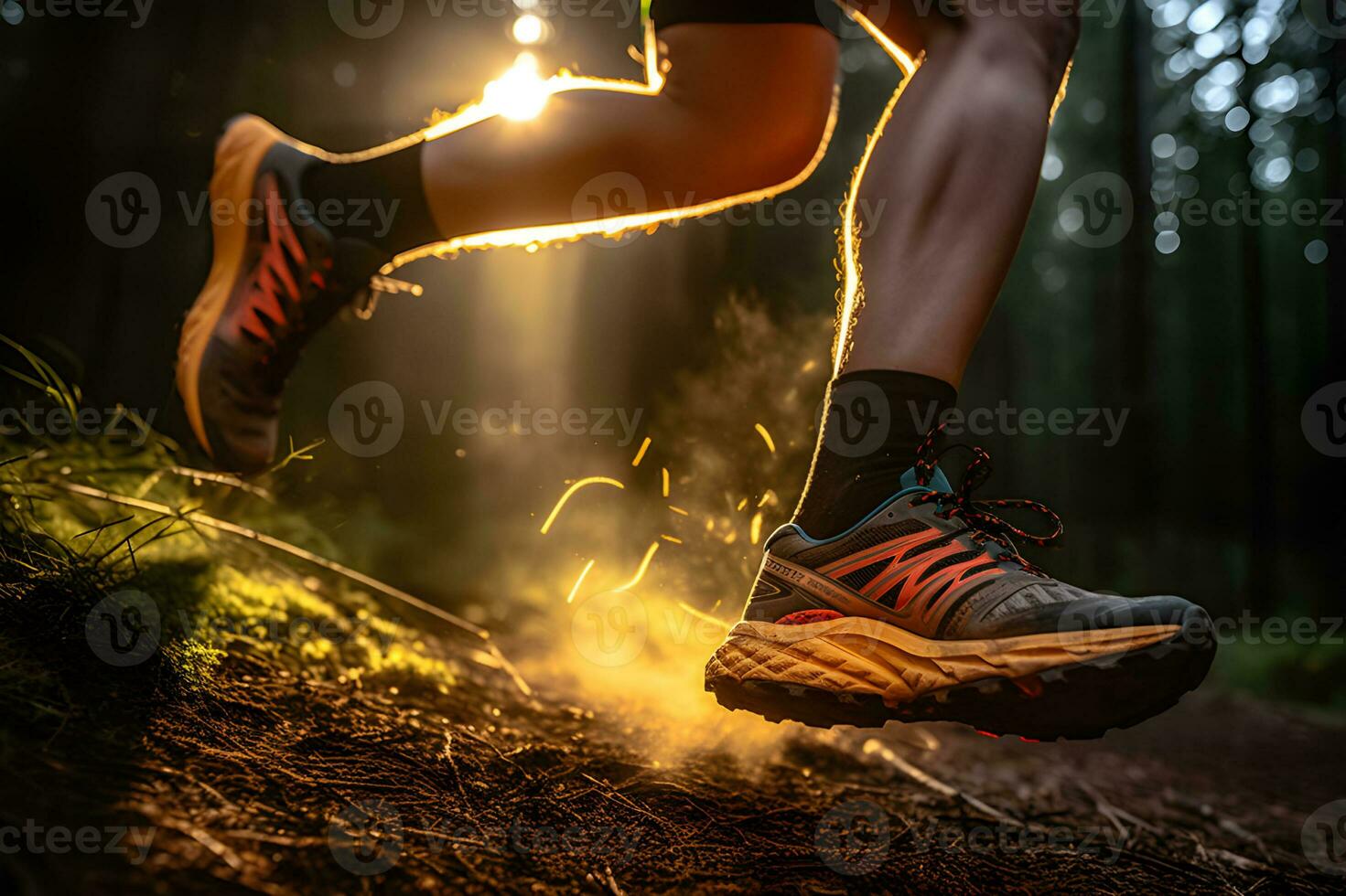 Morning Trail Run Close-up of male Runner's Legs and Shoes with Abstract Bokeh Lightcreated. Generative AI photo