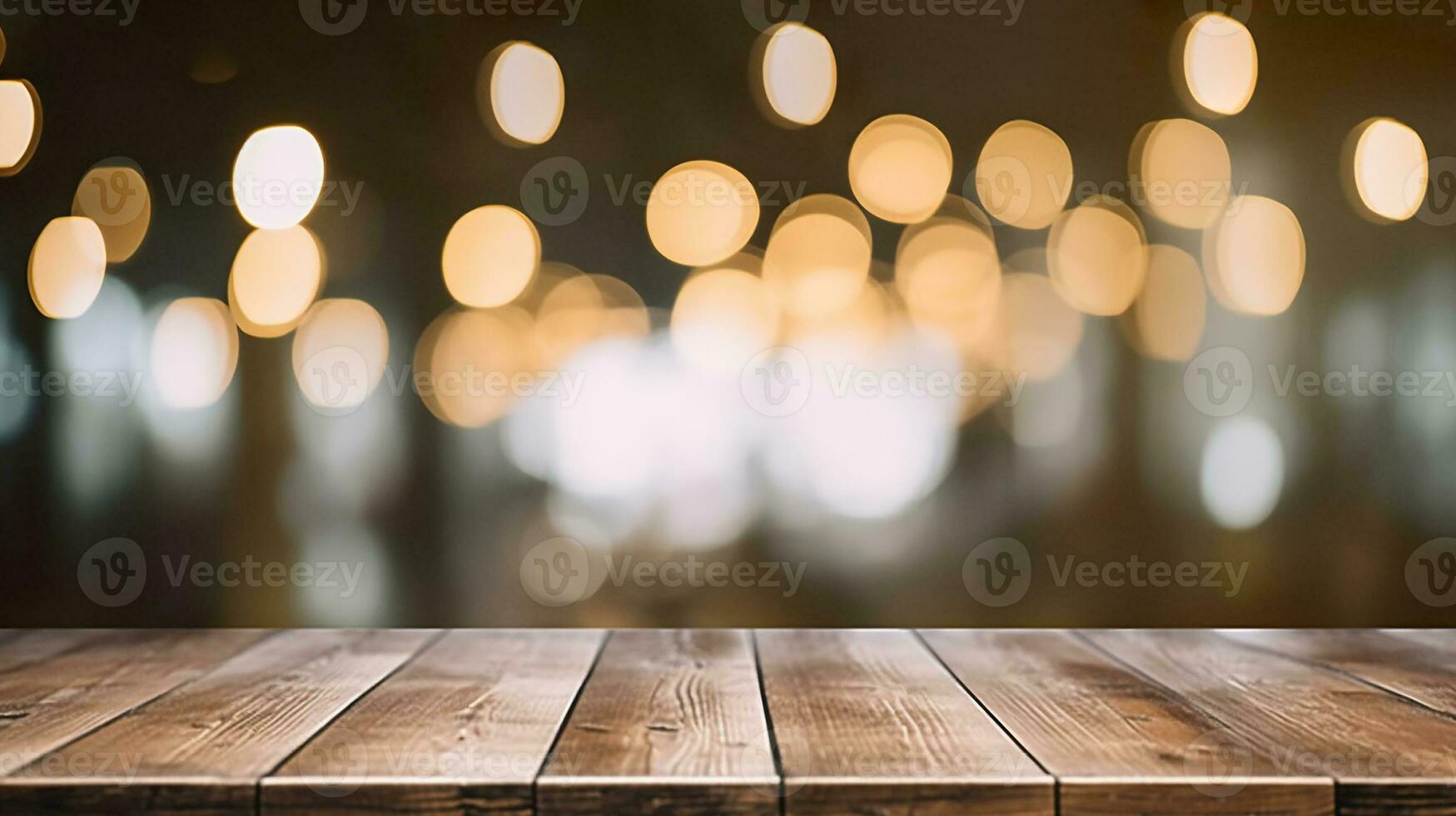 Empty Wooden Table Top with Bokeh Lights on Blurred Restaurant Background. created with Generative AI photo