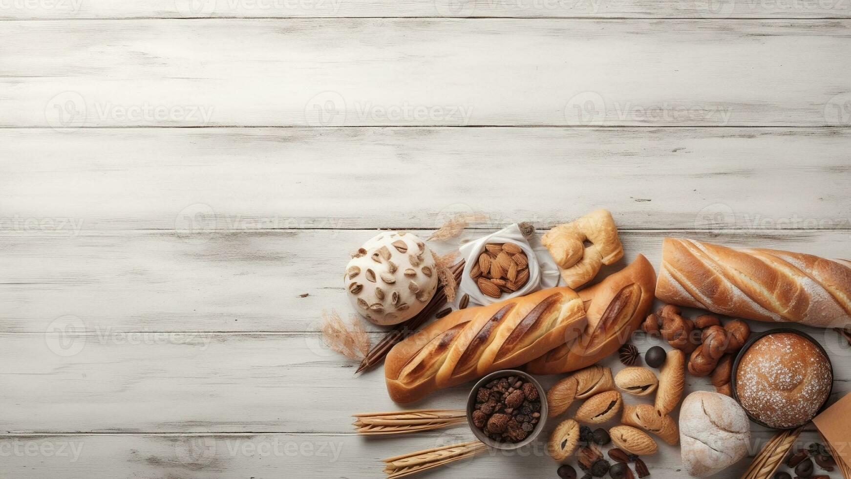Assorted Bakery Products on Wooden Background . created with Generative AI photo