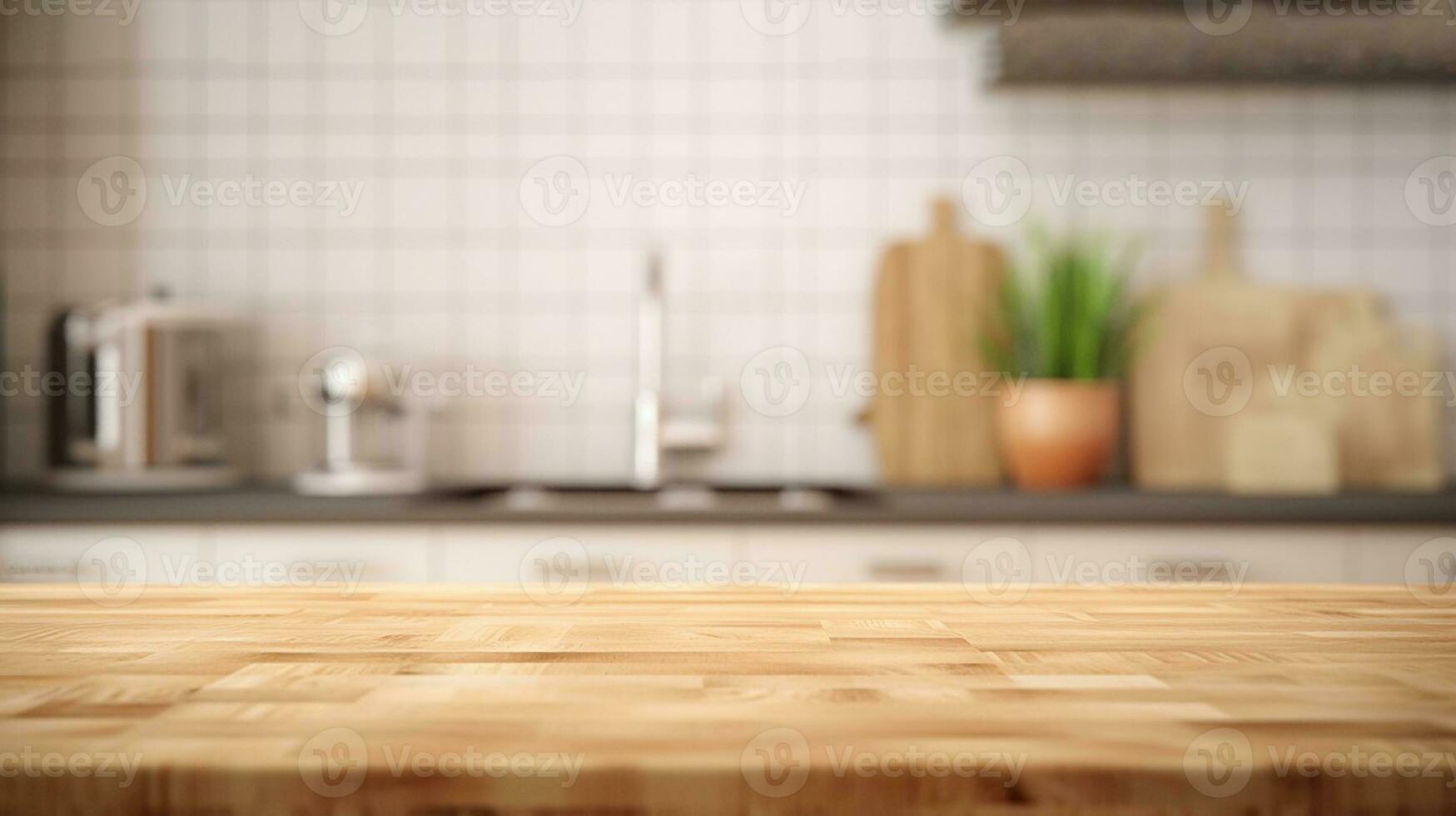 Empty Wooden Table Top on Blurred Kitchen Counter Background - Homey and Cozy. created with Generative AI photo