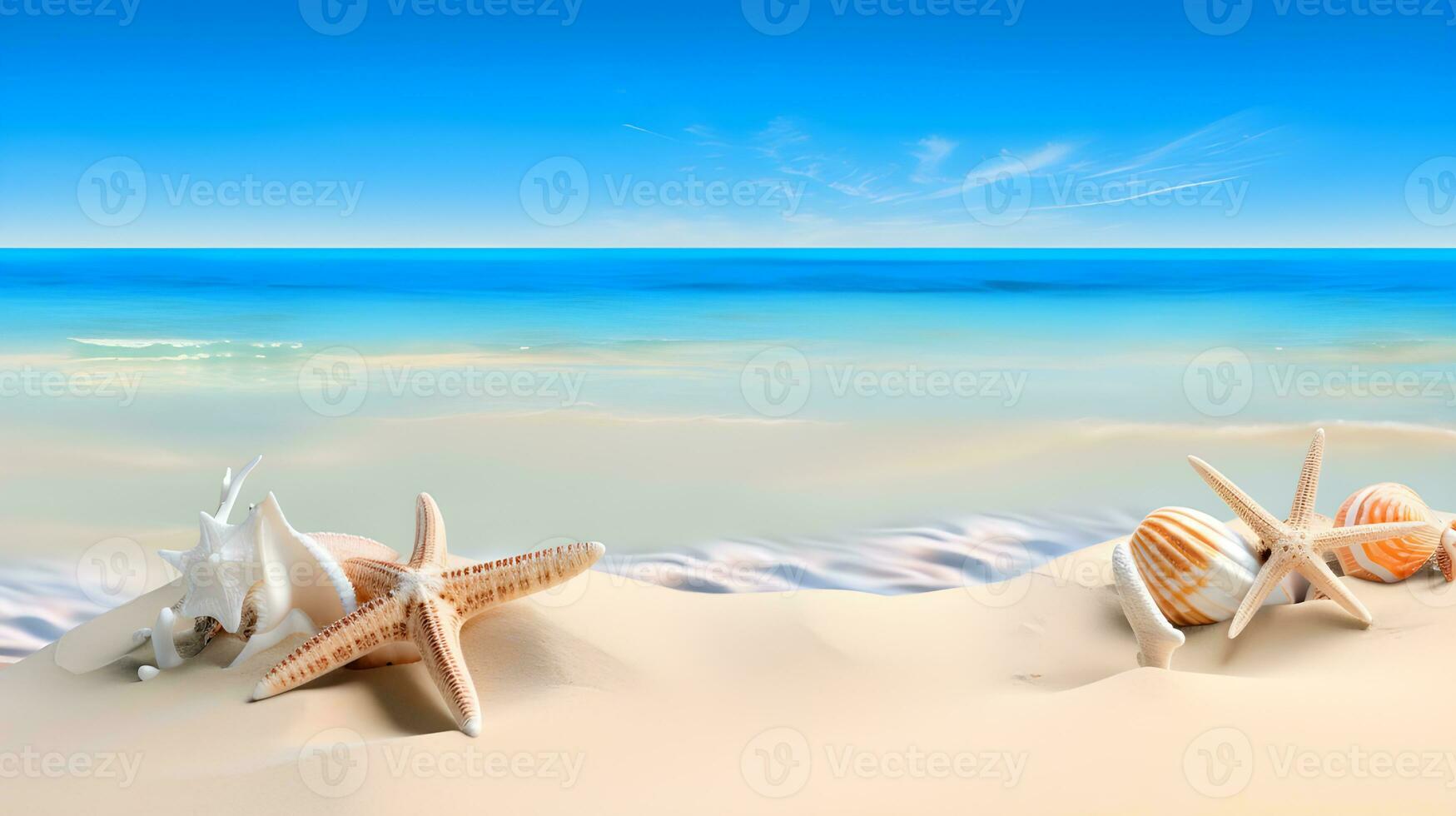 Seashells on Seashore - Beach Vacation Background. Generative AI photo