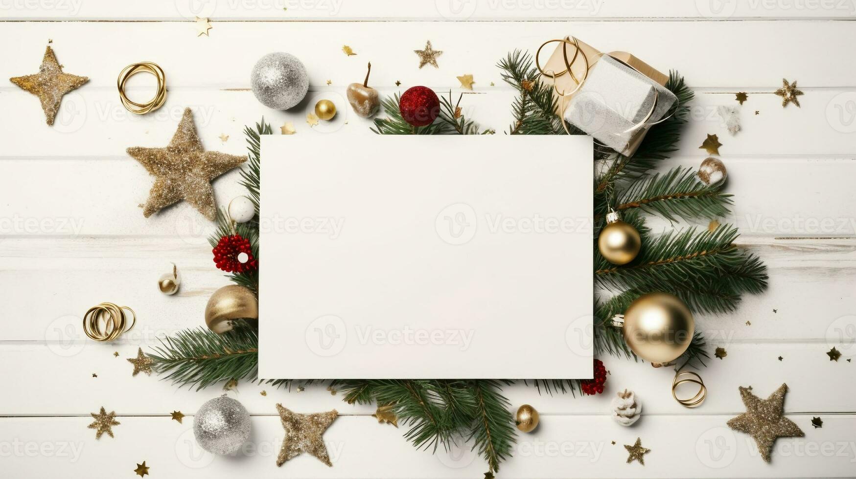 Christmas Decor and Blank Card on White Wooden Table - Space for Text. created with Generative AI photo