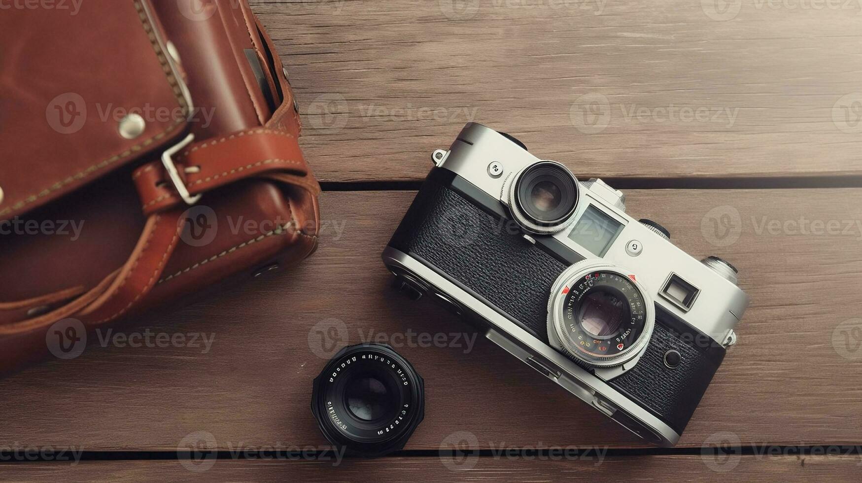 Vintage Film Camera with Case. created with Generative AI photo