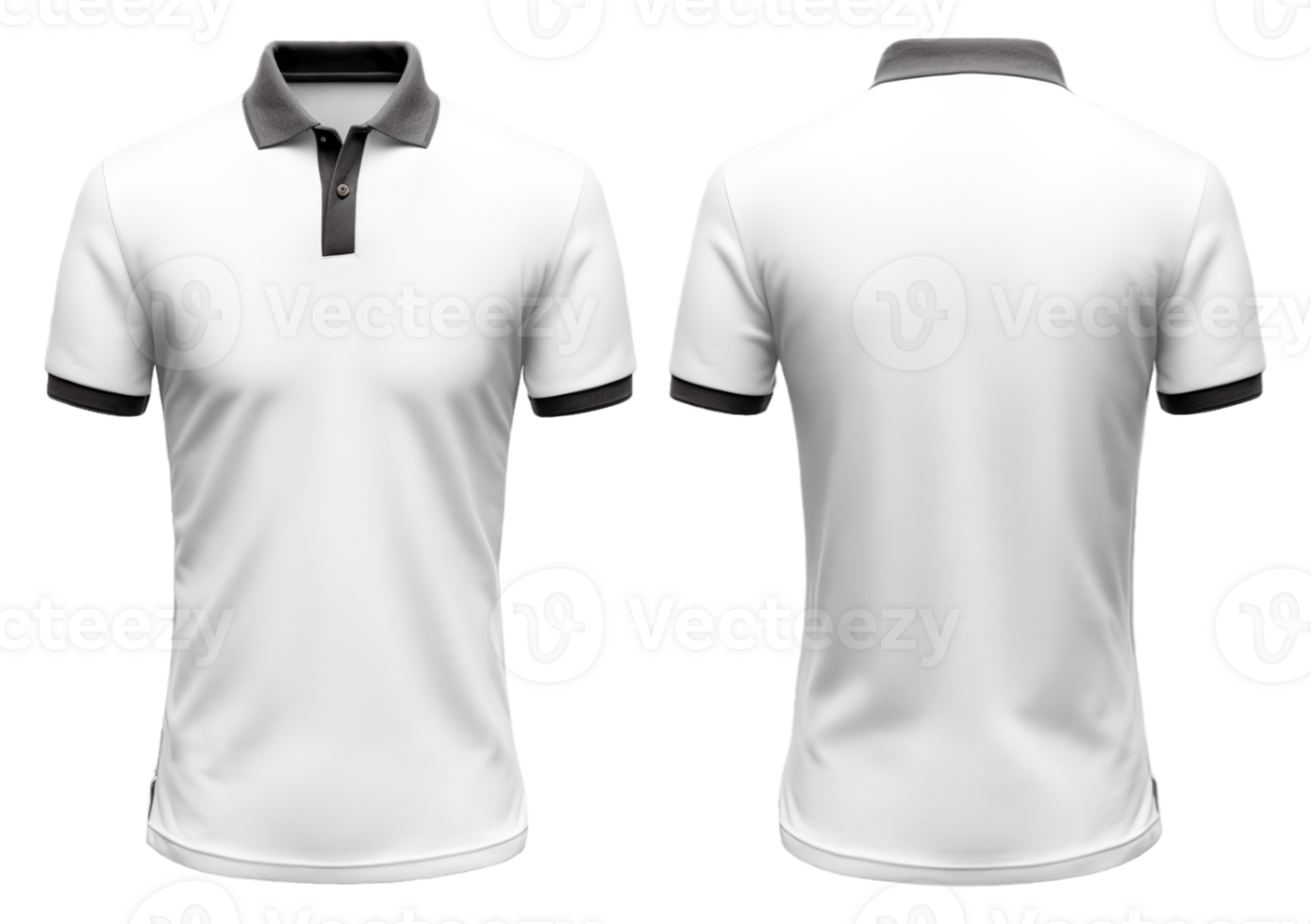 White polo t-shirt mockup design with black collar, front and back view. isolated on transparent background. generative ai png