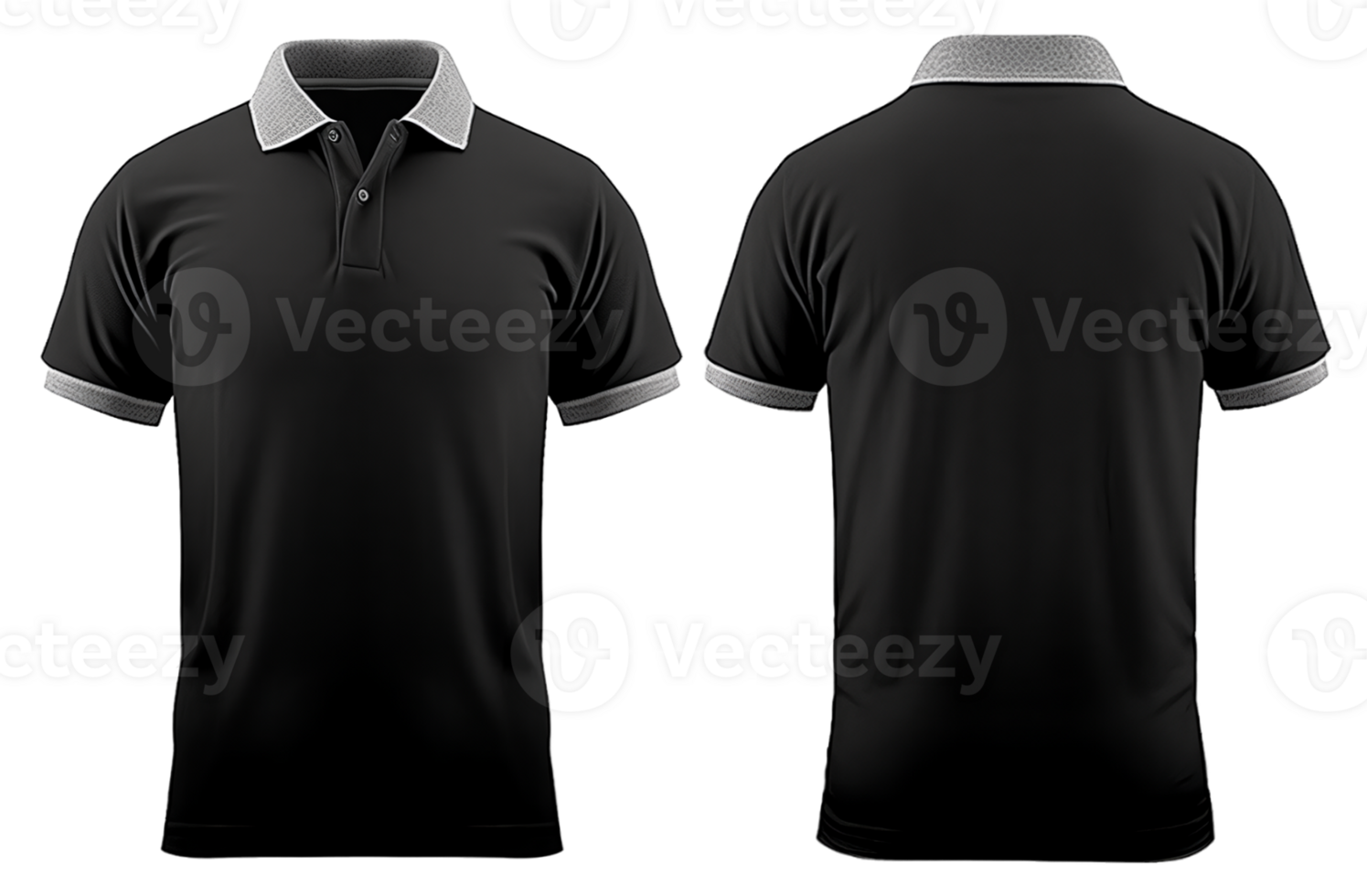 black polo t-shirt mockup design with gray collar, front and back view. isolated on transparent background. generative ai png