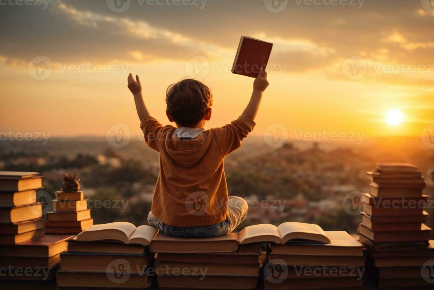 View from behind of cute child on stack of books at sunset Education and reading concept Imagination development, AI Generative photo