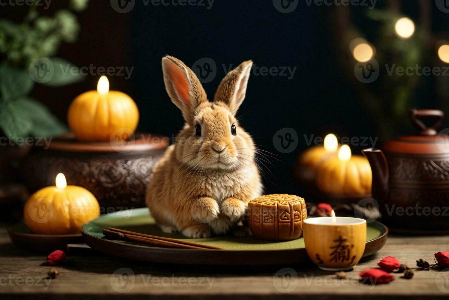 Cute rabbit sitting with round mooncake table with tea cups on wooden background and full moon, Mid-Autumn Festival concept. AI Generative photo