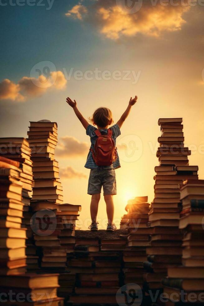 View from behind of cute child on stack of books at sunset Education and reading concept Imagination development, AI Generative photo