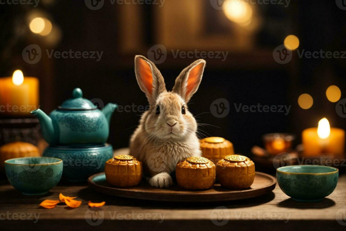 Cute rabbit sitting with round mooncake table with tea cups on wooden background and full moon, Mid-Autumn Festival concept. AI Generative photo