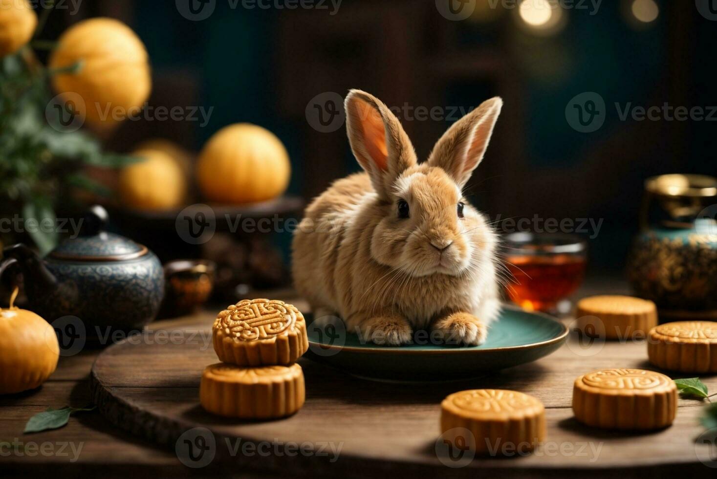 Cute rabbit sitting with round mooncake table with tea cups on wooden background and full moon, Mid-Autumn Festival concept. AI Generative photo