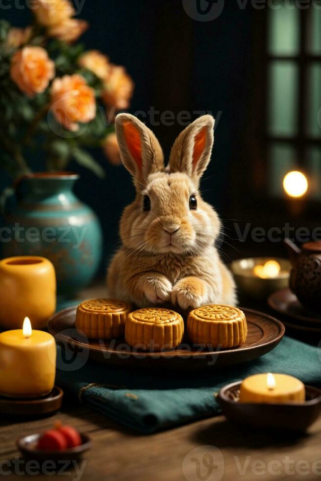 Cute rabbit sitting with round mooncake table with tea cups on wooden background and full moon, Mid-Autumn Festival concept. AI Generative photo
