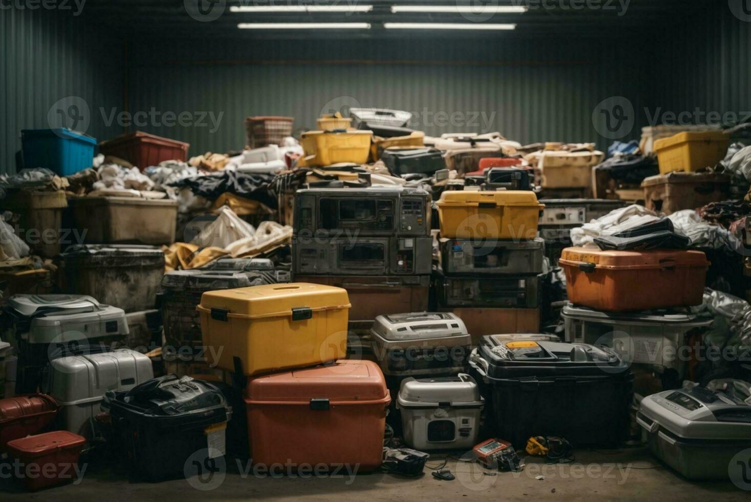 Electronic waste waiting for disposal, refrigerator washing machine. AI Generative photo