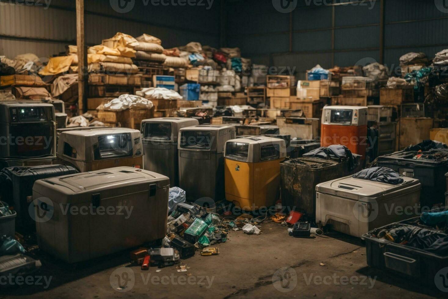 Electronic waste waiting for disposal, refrigerator washing machine. AI Generative photo