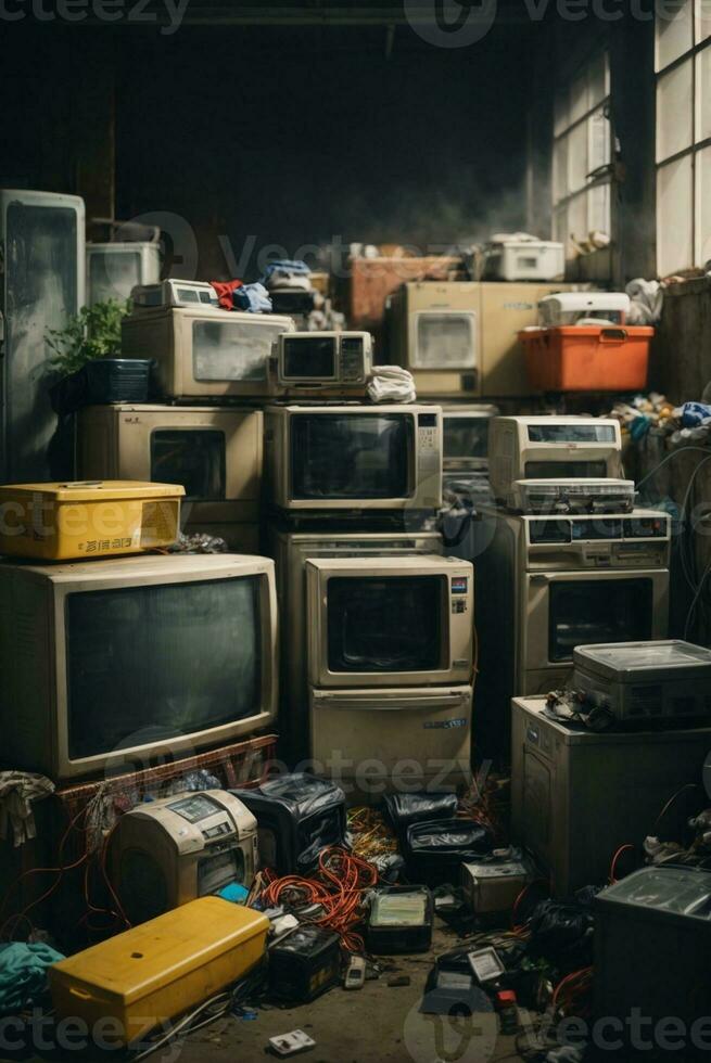 Electronic waste waiting for disposal, refrigerator washing machine. AI Generative photo