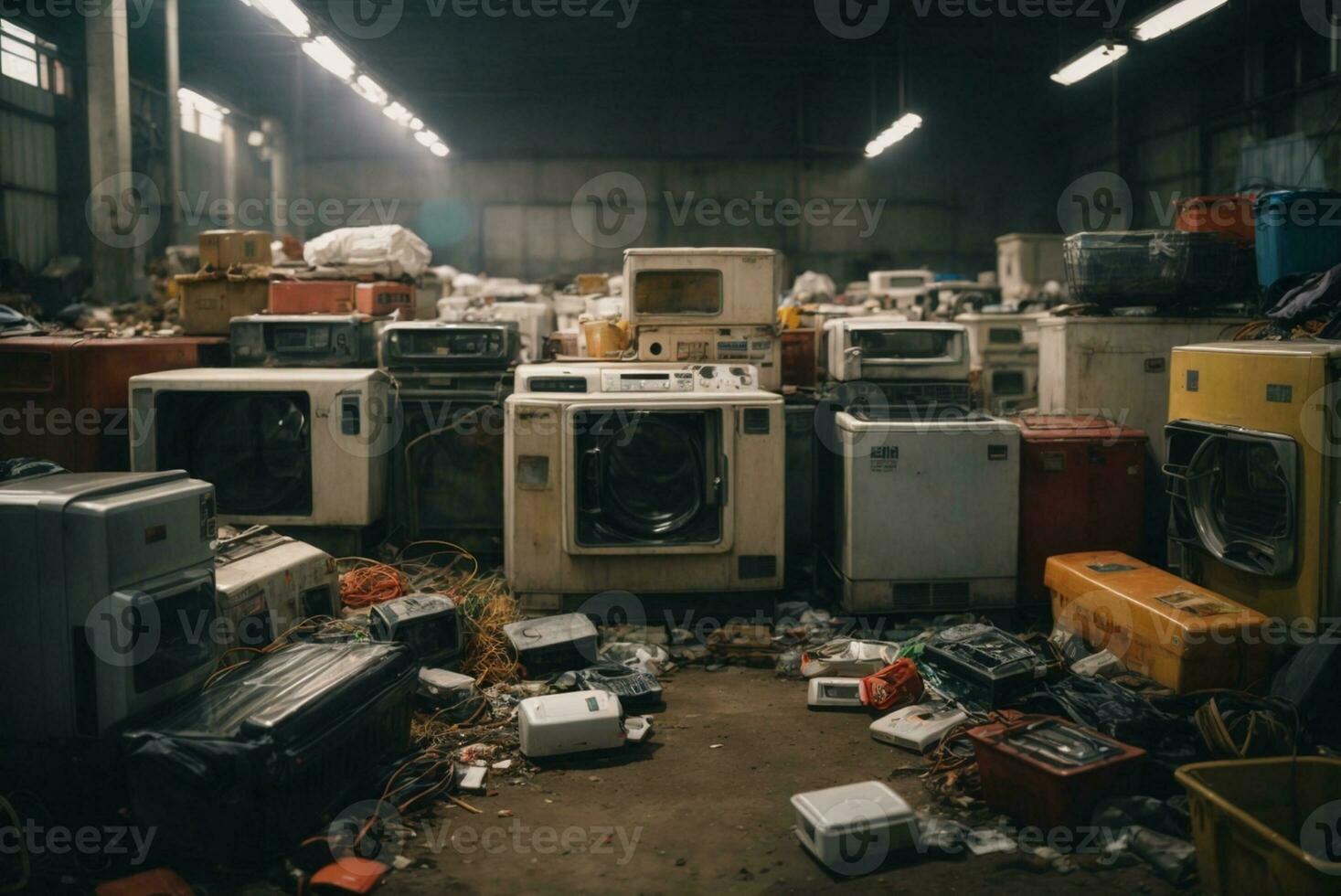 Electronic waste waiting for disposal, refrigerator washing machine. AI Generative photo