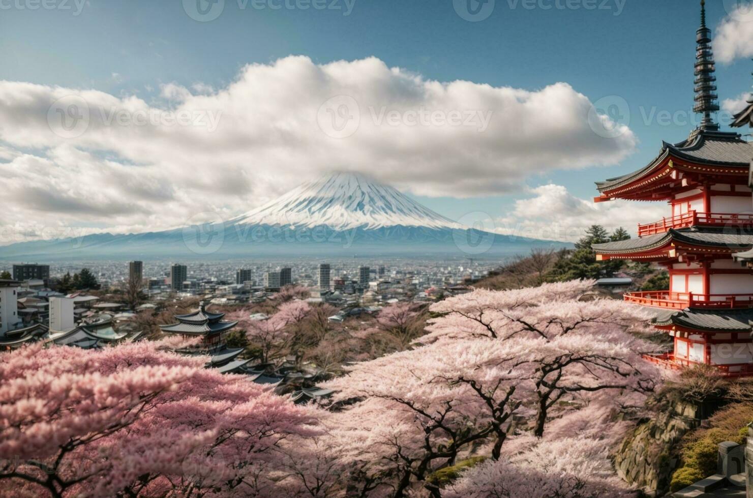 Mt Fuji and Cherry Blossom at Kawaguchiko lake in Japan, AI Generative photo
