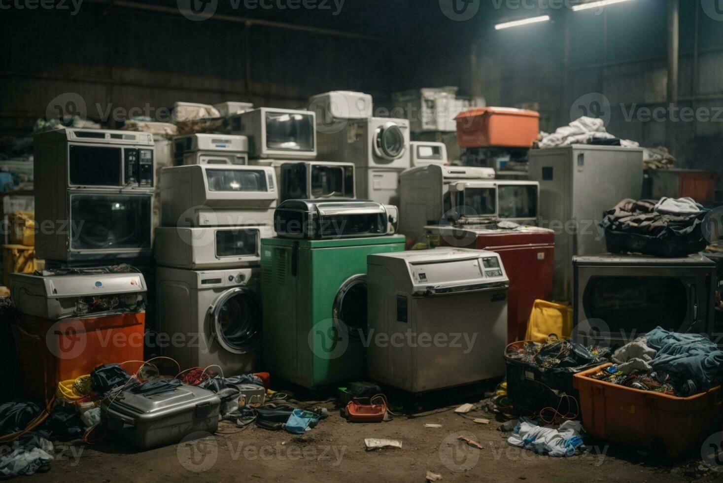 Electronic waste waiting for disposal, refrigerator washing machine. AI Generative photo