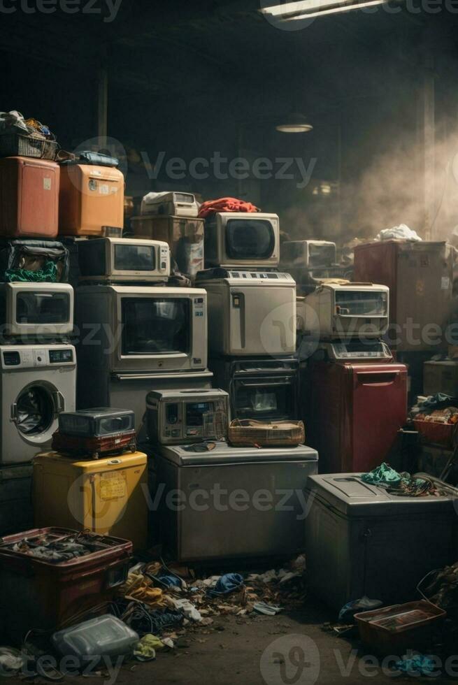 Electronic waste waiting for disposal, refrigerator washing machine. AI Generative photo