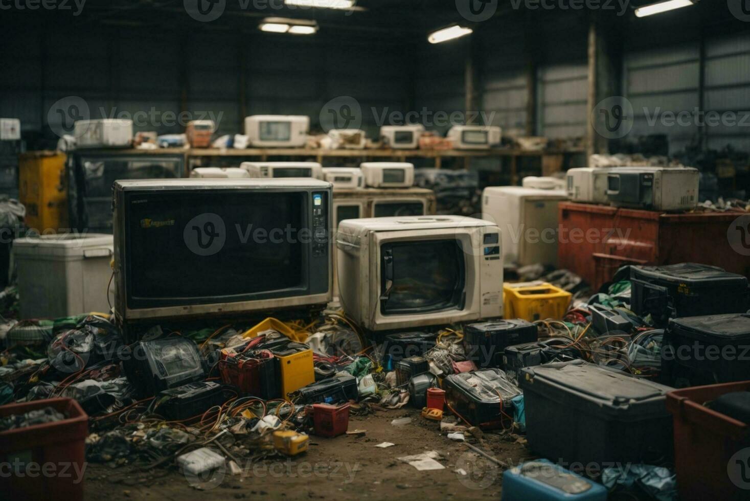 Electronic waste waiting for disposal, refrigerator washing machine. AI Generative photo