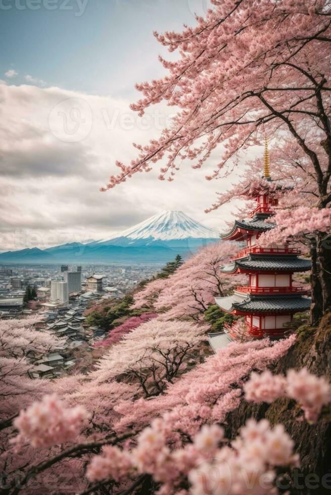 Mt Fuji and Cherry Blossom at Kawaguchiko lake in Japan, AI Generative photo