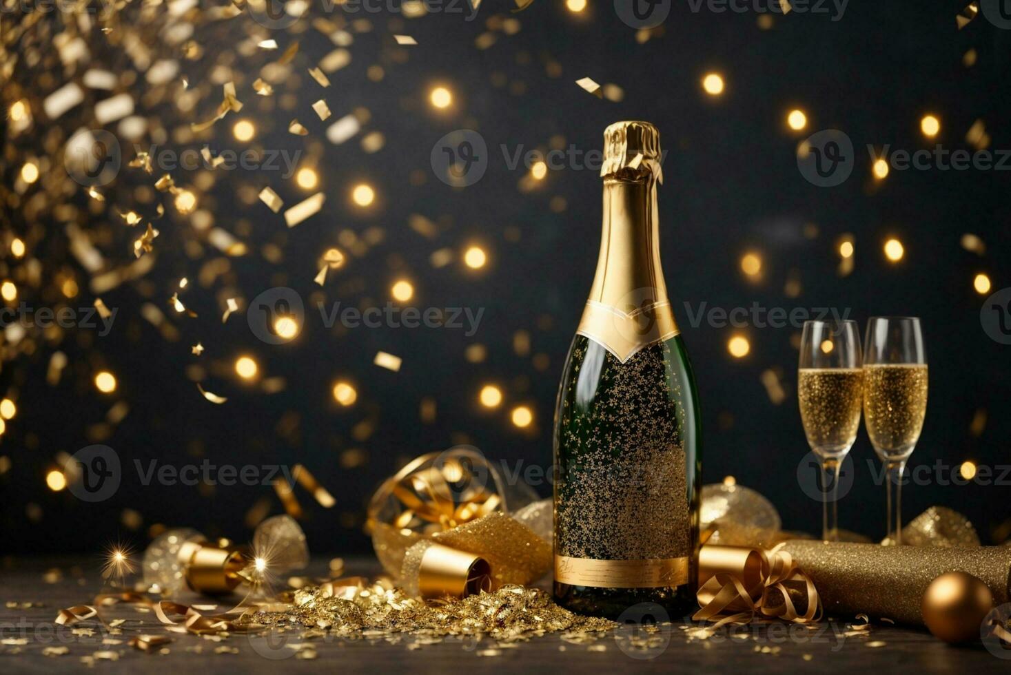 Bottle of champagne with golden confetti on bokeh background, AI Generative photo