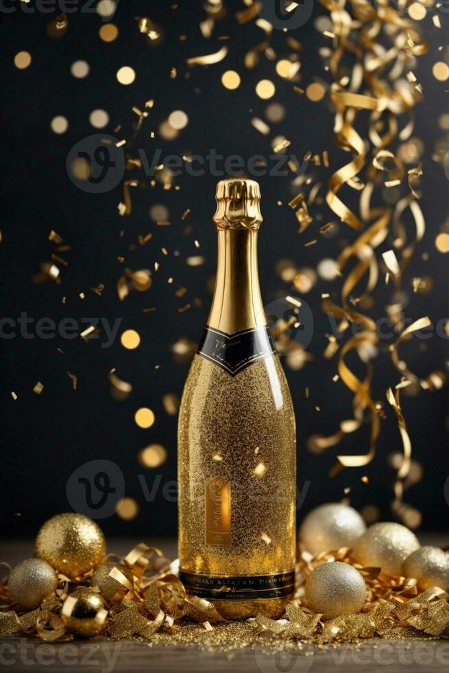 botella de champán con dorado papel picado en bokeh fondo, ai generativo foto