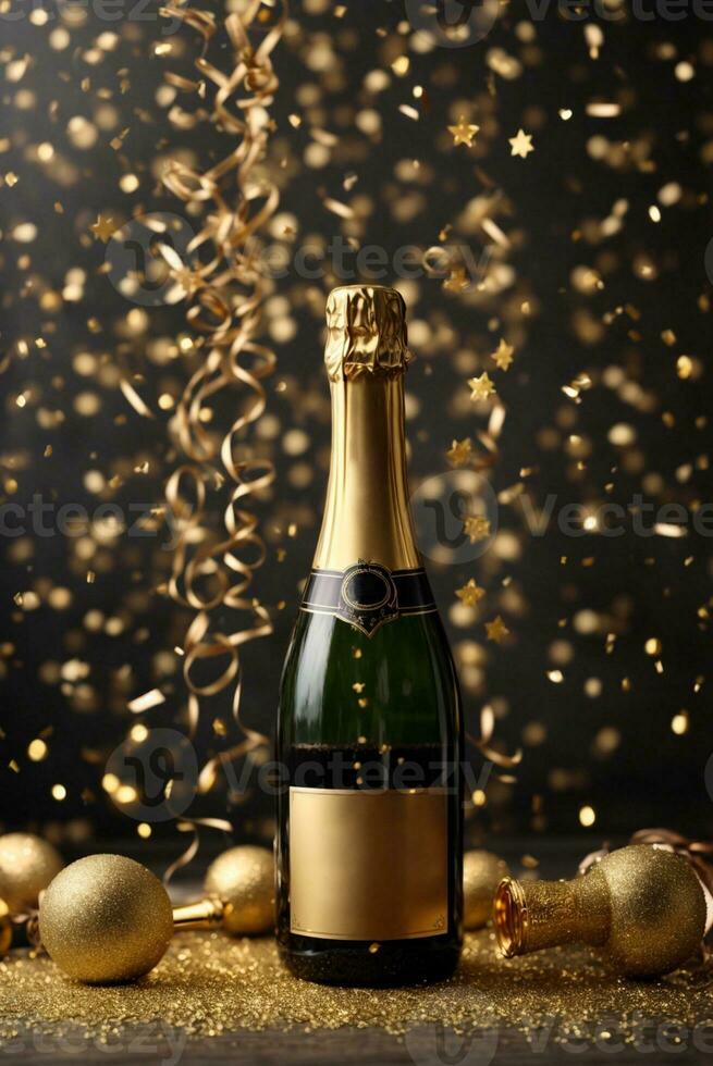 Bottle of champagne with golden confetti on bokeh background, AI Generative photo