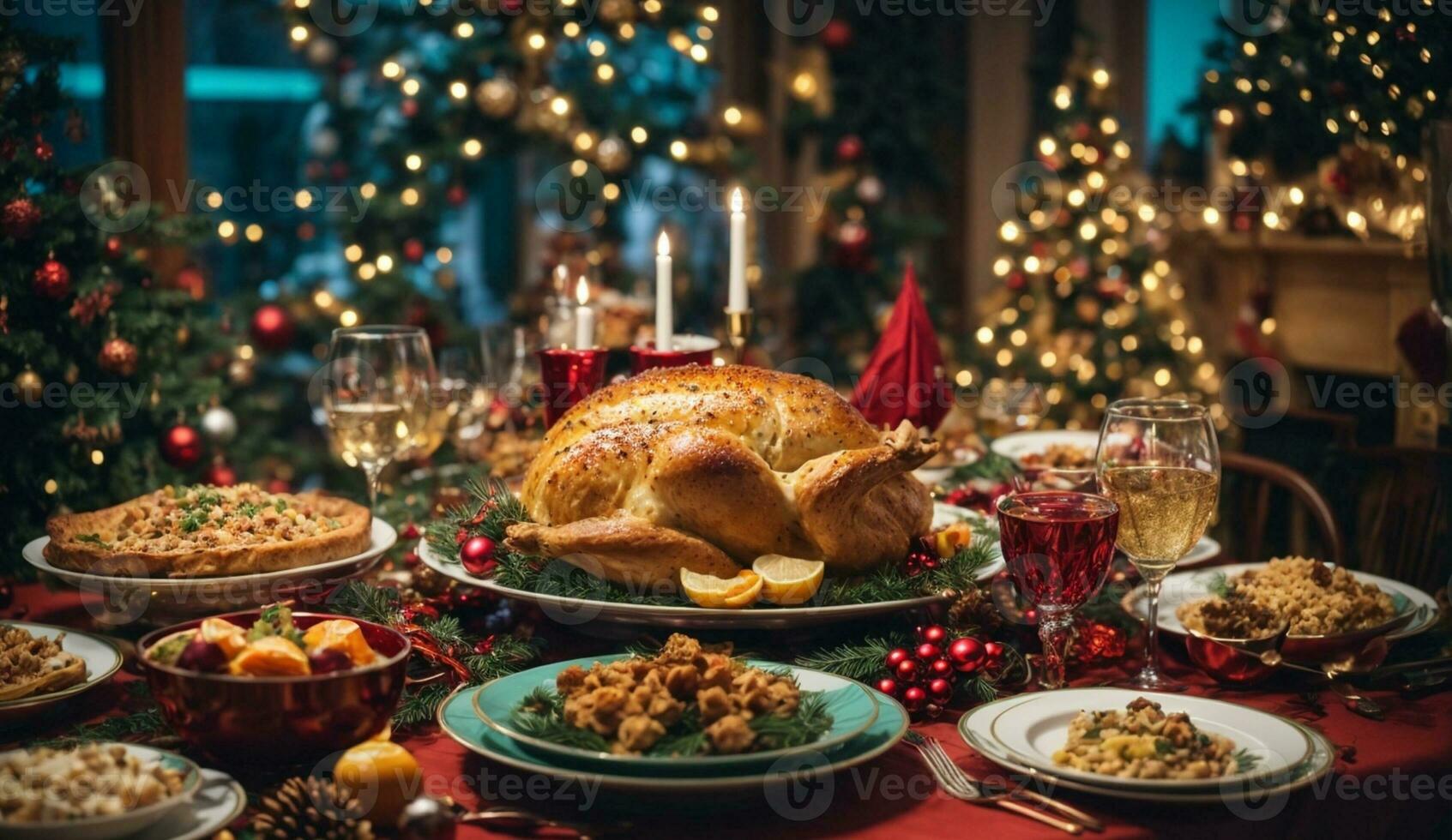 Christmas roasted turkey with cranberries and oranges on rustic wooden table, AI Generative photo