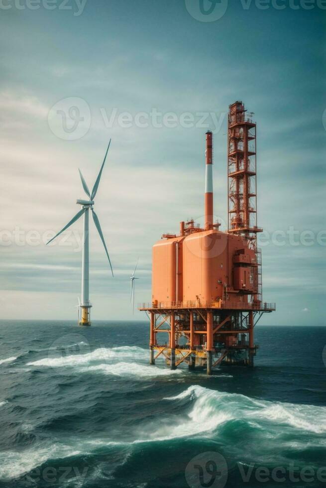 Offshore oil and gas production petroleum pipeline and wind turbine in the sea, AI Generative photo