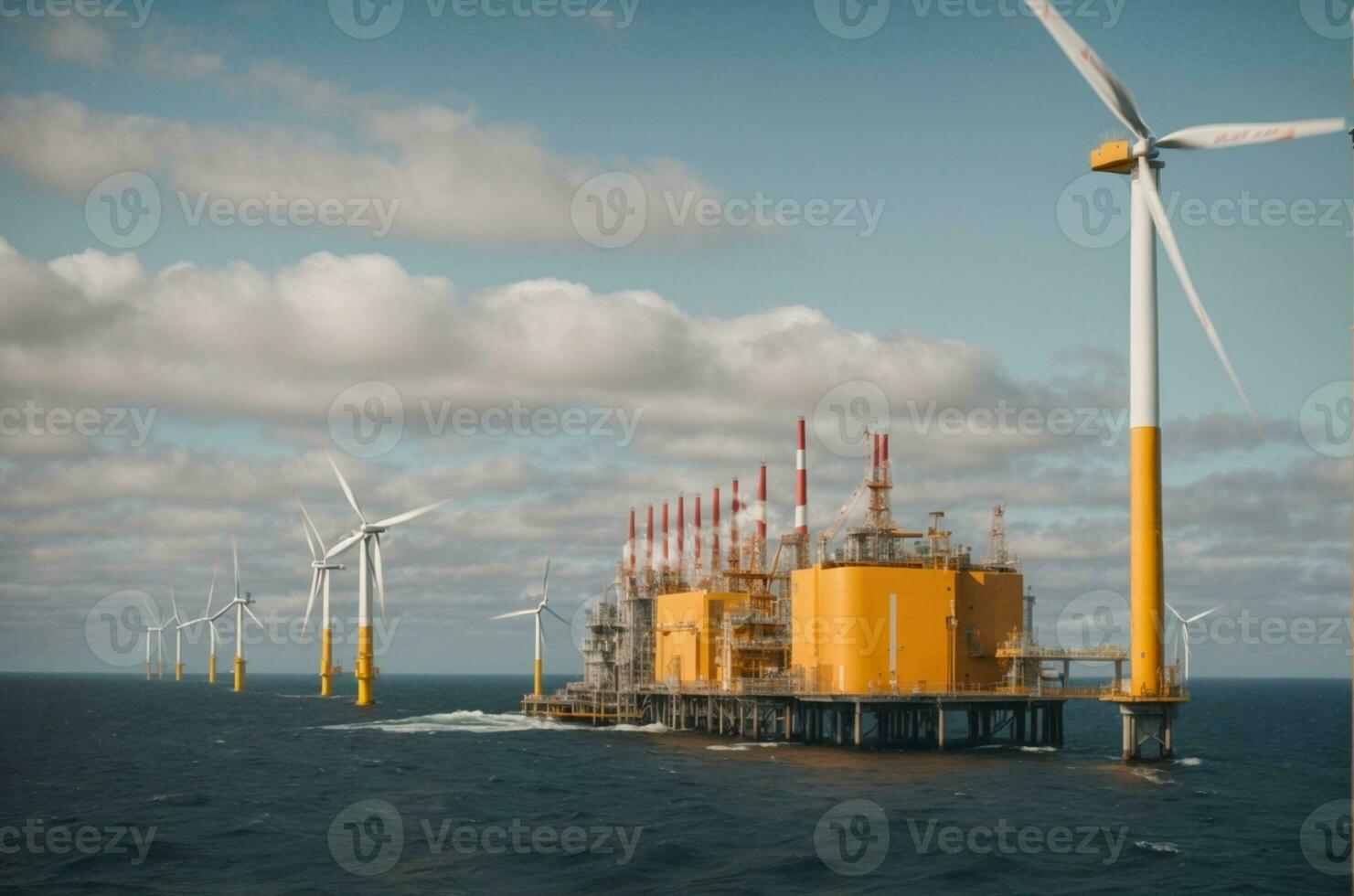 Offshore oil and gas production petroleum pipeline and wind turbine in the sea, AI Generative photo