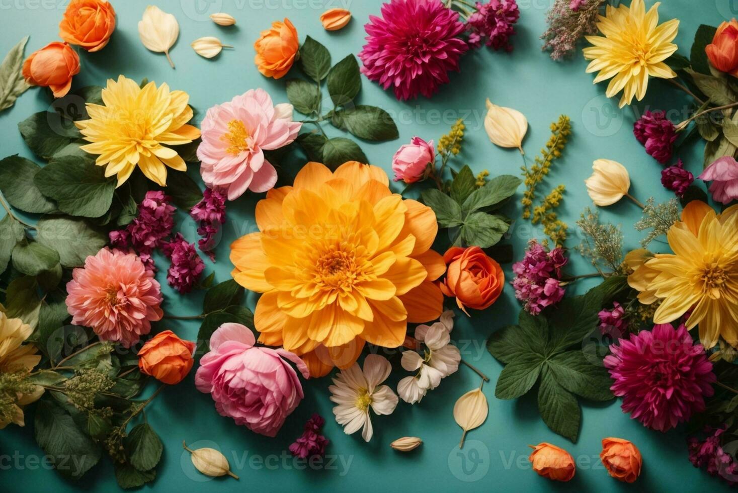 Flowers composition. Frame made of colorful flowers on blue background. Flat lay, top view, copy space, AI Generative photo