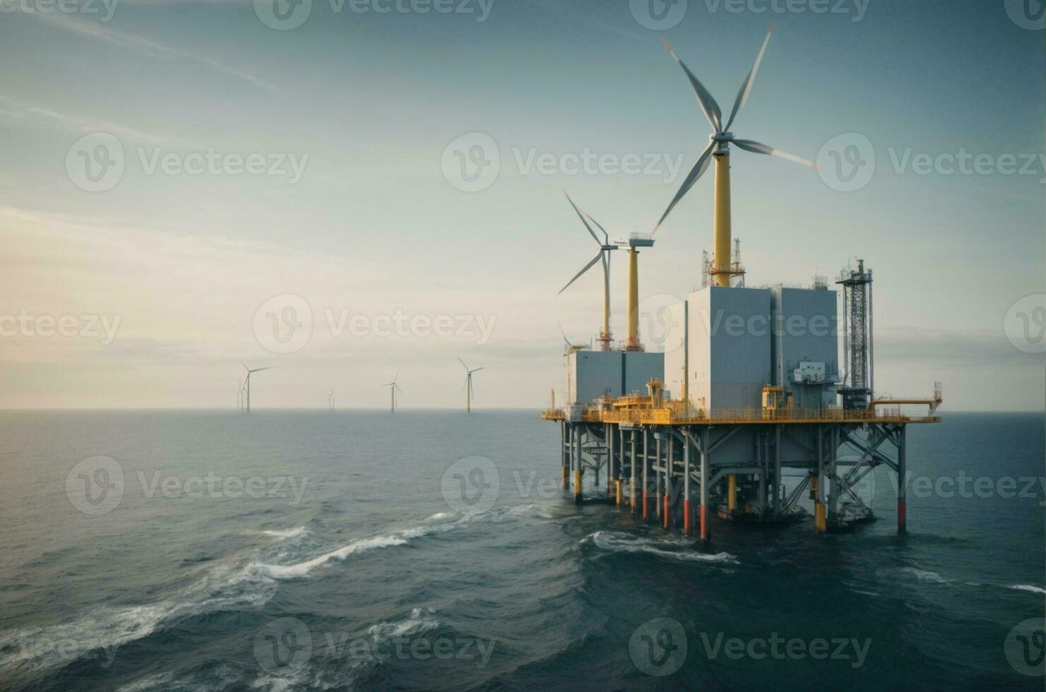 Offshore oil and gas production petroleum pipeline and wind turbine in the sea, AI Generative photo