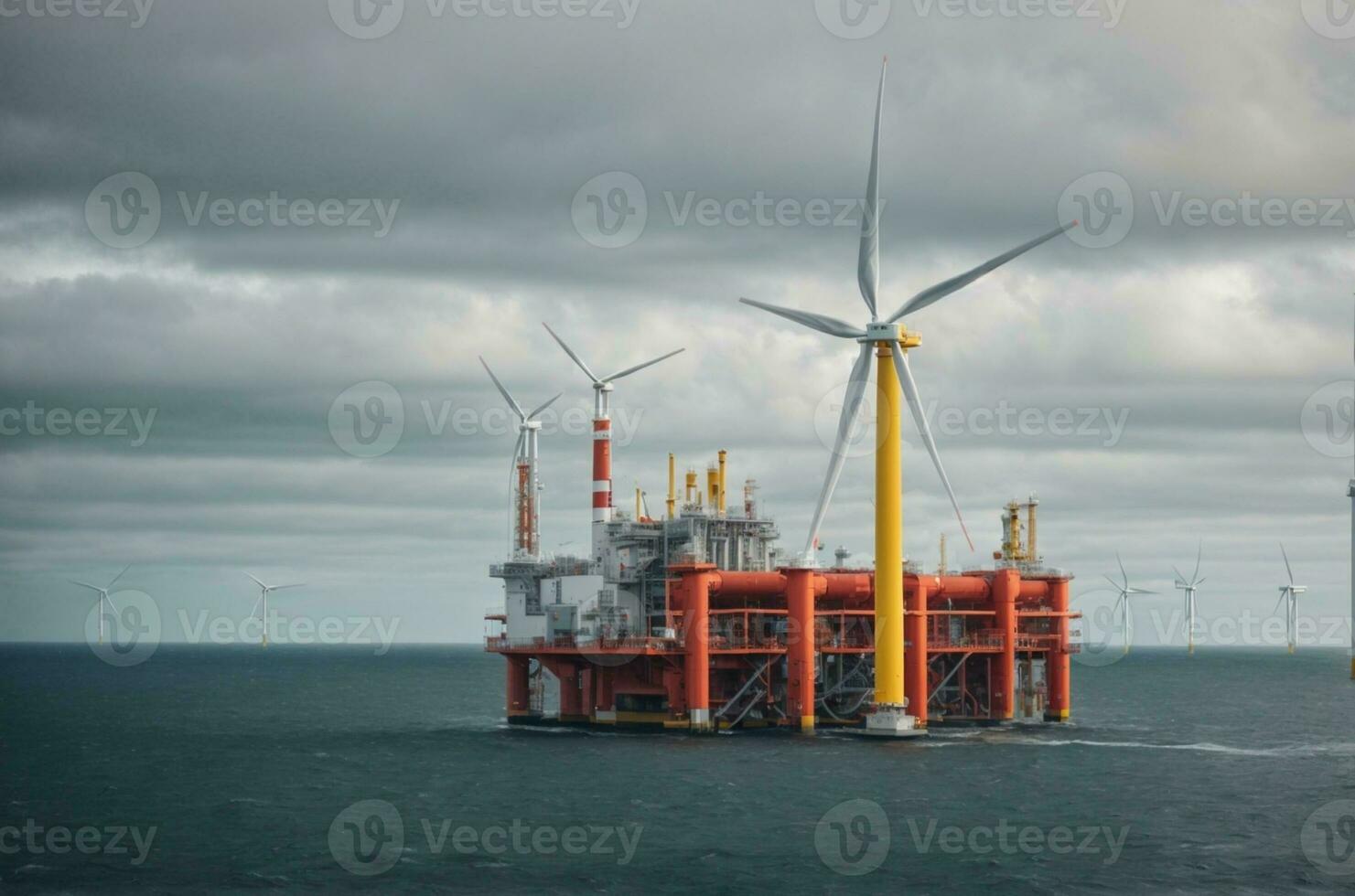 Offshore oil and gas production petroleum pipeline and wind turbine in the sea, AI Generative photo